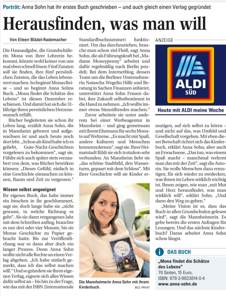Zeitungsartikel über die Kinderbuchautorin Anna Sohn. Veröffentlicht im Mannheimer Morgen