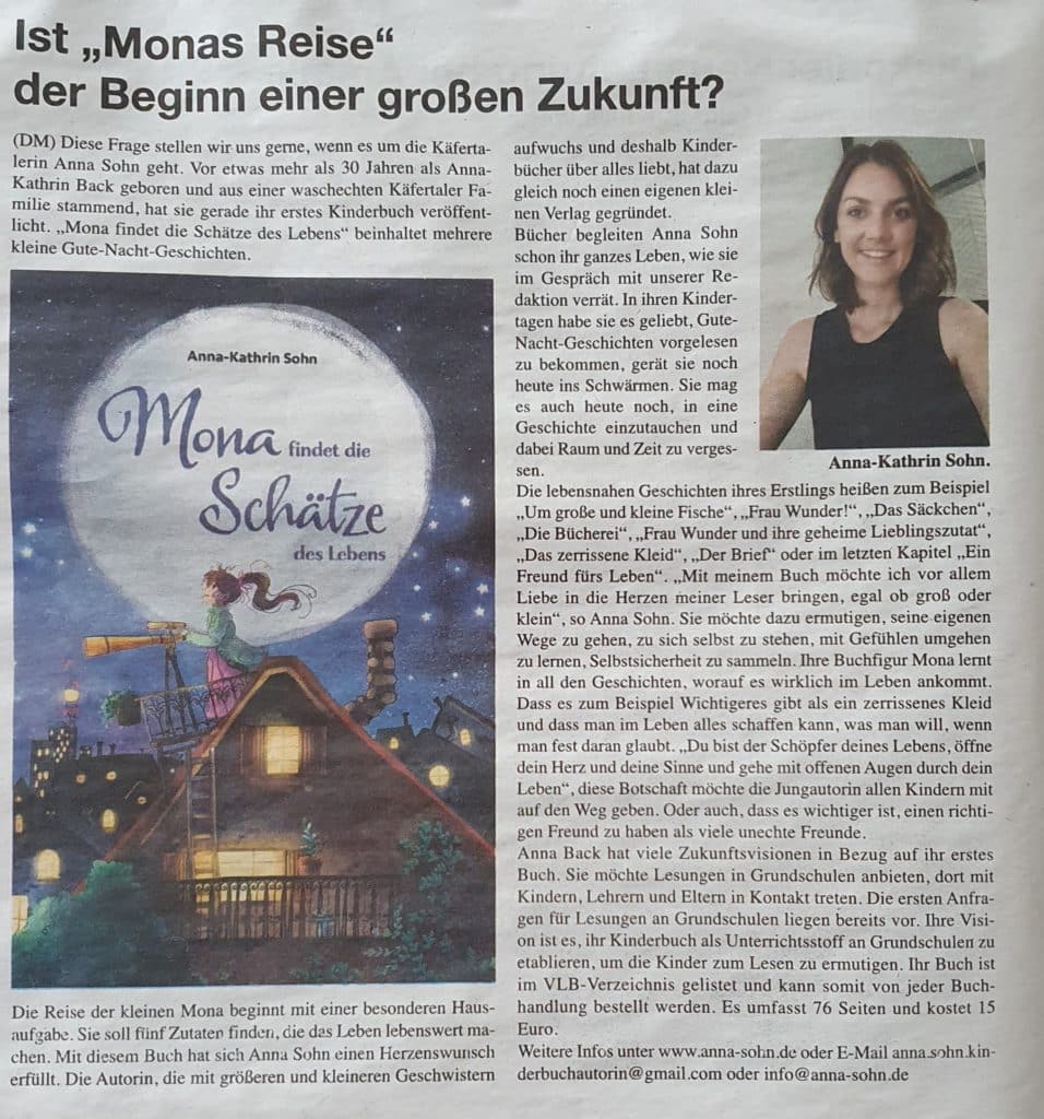 Zeitungsartikel über die Kinderbuchautorin Anna Sohn. Veröffentlicht in der Käfertaler Zeitung